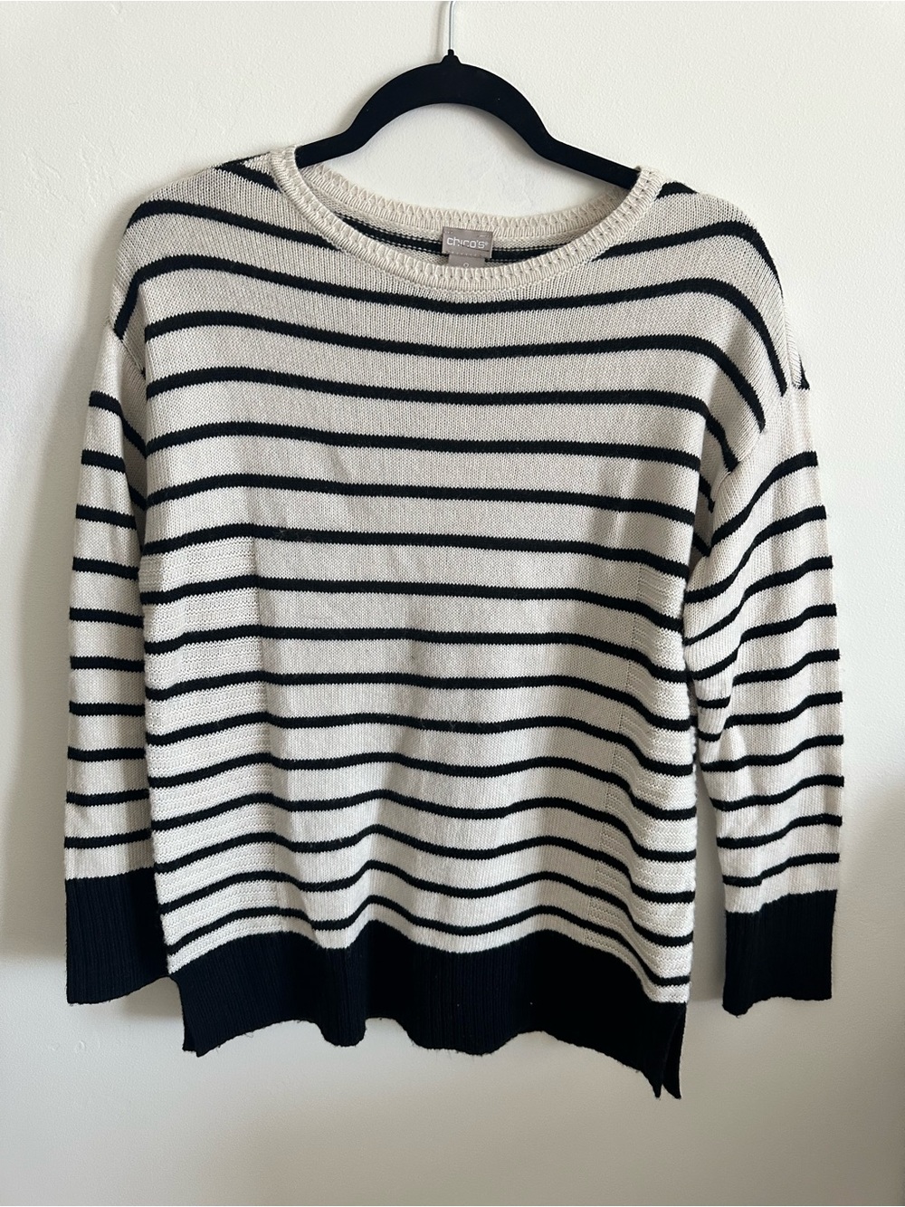 Chico's Black and White Striped Crewneck Sweater